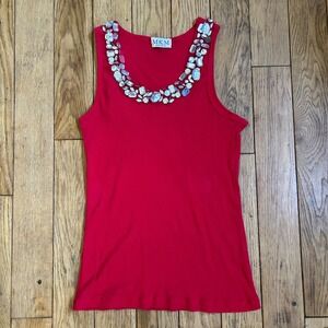 MKM Designs Red Ribbed Cotton Tank Top Crystal Embellished Neckline XL